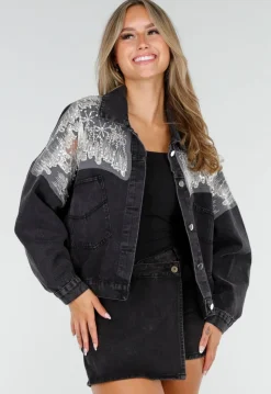 Donkergrijze Glitter Spijkerjas met Mesh