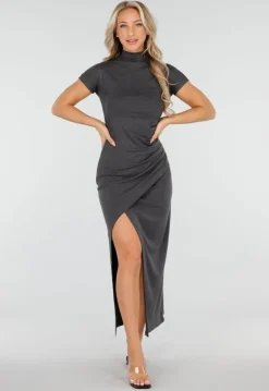 Donkergrijze Maxi Jurk met Col en Split