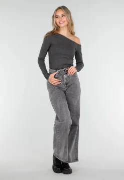 Donkergrijze One Shoulder Top met Lange Mouwen