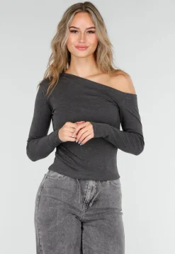 Donkergrijze One Shoulder Top met Lange Mouwen