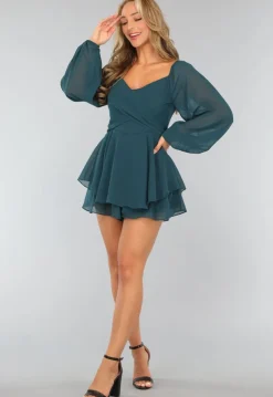 Donkergroene Chiffon Ruffle Playsuit met Strikdetail
