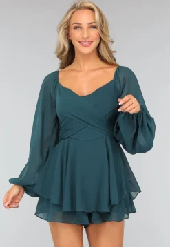 Donkergroene Chiffon Ruffle Playsuit met Strikdetail
