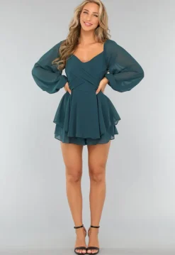 Donkergroene Chiffon Ruffle Playsuit met Strikdetail