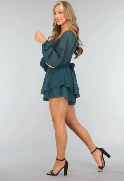 Donkergroene Chiffon Ruffle Playsuit met Strikdetail