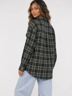 Donkergroene Geruite Blouse met Lange Mouwen en Borstzak