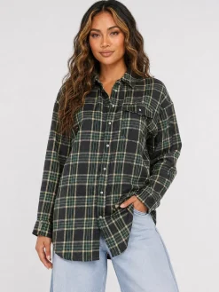 Donkergroene Geruite Blouse met Lange Mouwen en Borstzak