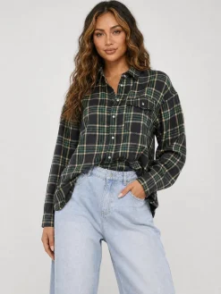 Donkergroene Geruite Blouse met Lange Mouwen en Borstzak