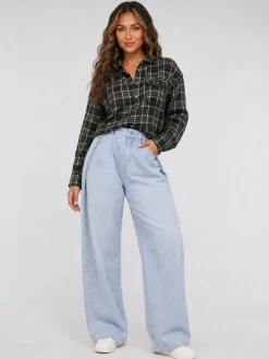 Donkergroene Geruite Blouse met Lange Mouwen en Borstzak