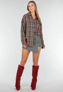 Donkergroene Lederlook Asymmetrische Skort met Schuine Overslag