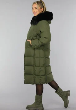 Donkergroene Oversized Puffer Jas met Bontkraag