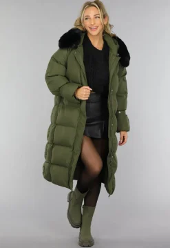 Donkergroene Oversized Puffer Jas met Bontkraag