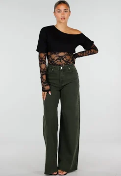 Donkergroene Wide Leg Jeans met Hoge Taille en Lichte Stretch
