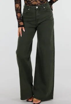 Donkergroene Wide Leg Jeans met Hoge Taille en Lichte Stretch