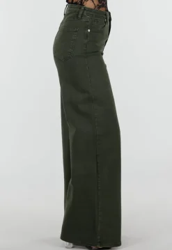 Donkergroene Wide Leg Jeans met Hoge Taille en Lichte Stretch