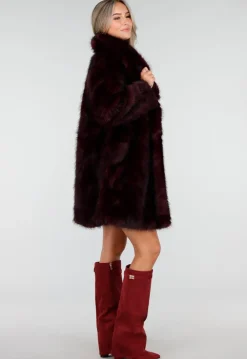 Donkerrode Faux Fur Jas met Brede Reverskraag