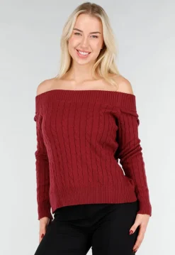 Donkerroze Off Shoulder Trui met Kabelpatroon en Brede Halsrand
