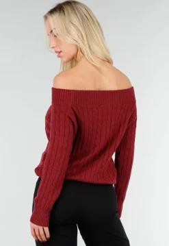 Donkerroze Off Shoulder Trui met Kabelpatroon en Brede Halsrand