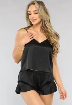 Dubbele Zwarte en Roze Satin Pyjama Set