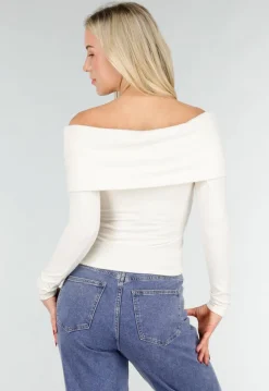 Ecru Off Shoulder Top met Lange Mouw