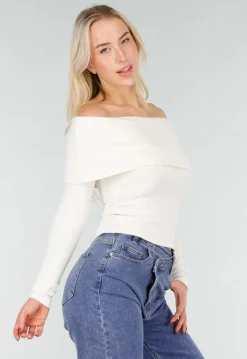 Ecru Off Shoulder Top met Lange Mouw