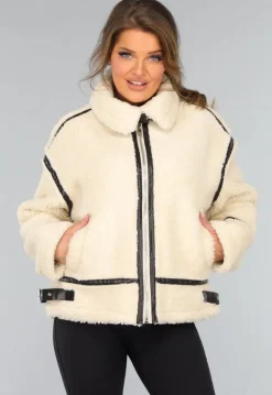 Ecru Teddy Jas met Zwarte Details