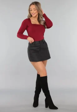 Elastische Burgundy Top met Lange Mouwen