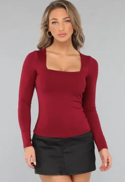 Elastische Burgundy Top met Lange Mouwen
