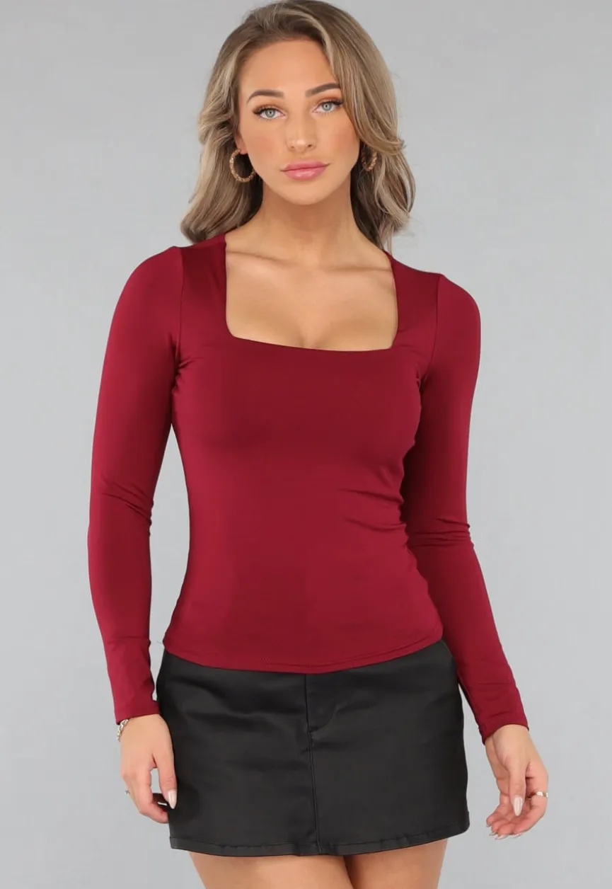 Elastische Burgundy Top met Lange Mouwen