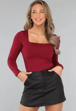 Elastische Burgundy Top met Lange Mouwen