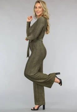 Elastische Gouden Glitter Jumpsuit met Wijde Pijpen