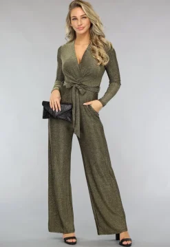 Elastische Gouden Glitter Jumpsuit met Wijde Pijpen