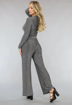 Elastische Zilveren Glitter Jumpsuit met Wijde Pijpen