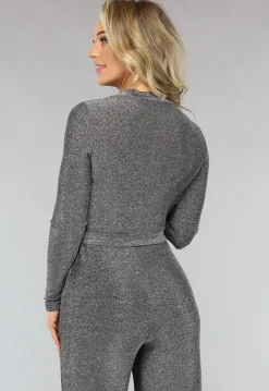 Elastische Zilveren Glitter Jumpsuit met Wijde Pijpen