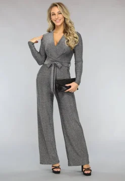 Elastische Zilveren Glitter Jumpsuit met Wijde Pijpen