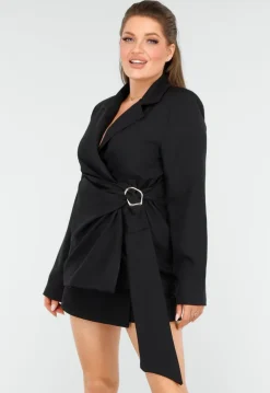 Elegante Getailleerde Zwarte Blazer met Ceintuur en Goudkleurige Gesp