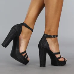 Elegante Zwarte Glitter Sandaletten met Straps