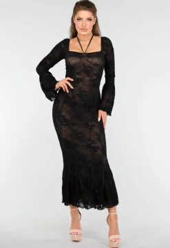 Elegante Zwarte Jurk met Fishtail Effect van Kant met Uitlopende Mouwen