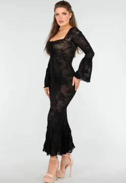 Elegante Zwarte Jurk met Fishtail Effect van Kant met Uitlopende Mouwen