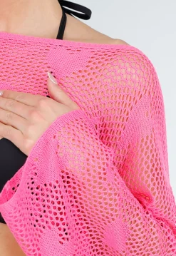 Felroze Gehaakte Bolero met Lange Mouwen en Open Structuur