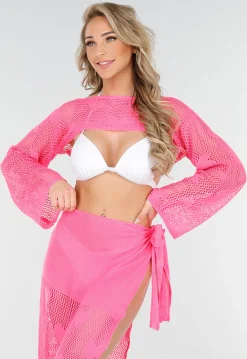 Felroze Gehaakte Cover-Up Set met Hartjespatroon en Bolero
