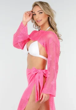 Felroze Gehaakte Cover-Up Set met Hartjespatroon en Bolero