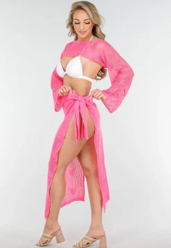 Felroze Gehaakte Cover-Up Set met Hartjespatroon en Bolero