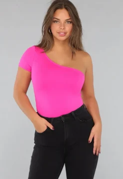 Fel Roze One Shoulder Bodysuit met Korte Mouw