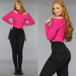 Fuchsia High Neck Top met Cut Outs en Overslag