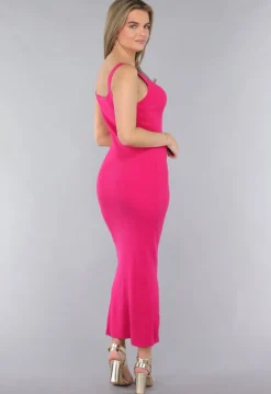 Fuchsia Jurk in Midi Model met Split en V Hals
