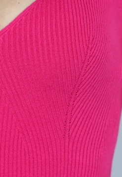 Fuchsia Jurk in Midi Model met Split en V Hals