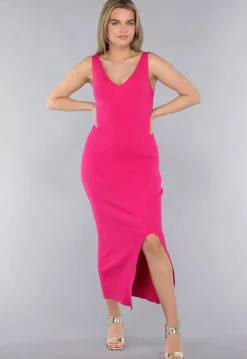 Fuchsia Jurk in Midi Model met Split en V Hals