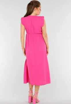 Fuchsia Linnenlook Midi Jurk met Ruches en V-Hals