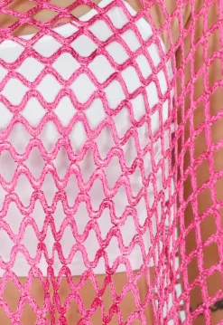 Fuchsia Netstof Cover-Up met Franjes en Open Ruitpatroon