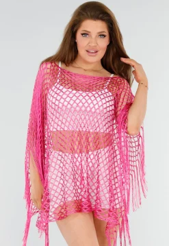 Fuchsia Netstof Cover-Up met Franjes en Open Ruitpatroon